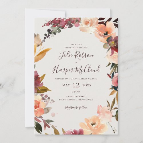 Burgundy Orange Floral  Beige  All In One Wedding Invitation