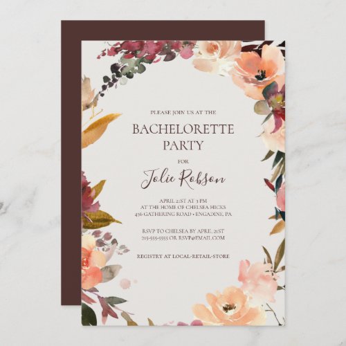 Burgundy Orange Floral  Beige Bachelorette Party Invitation