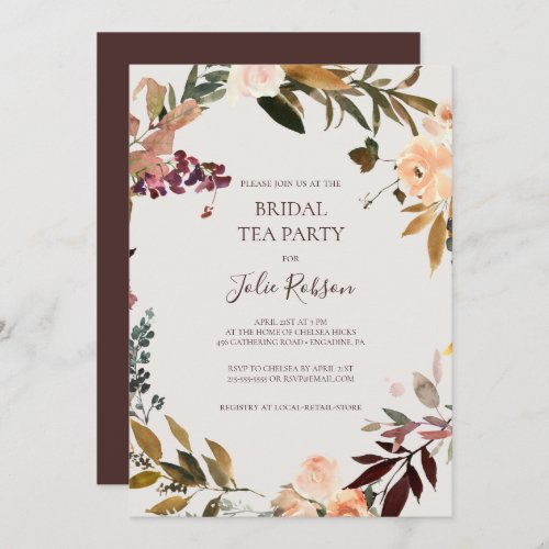 Burgundy Orange Floral  Beige Bridal Tea Party Invitation