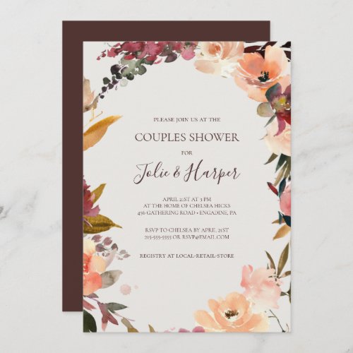 Burgundy Orange Floral  Beige Couples Shower Invitation