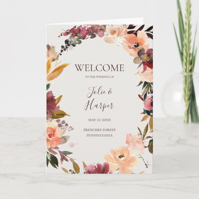 Burgundy Orange Floral | Beige Folded Wedding Program (Front)