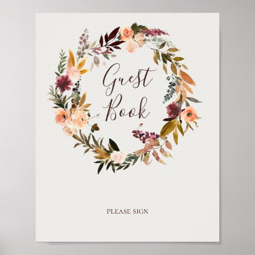 Burgundy Orange Floral  Beige Guest Book Sign