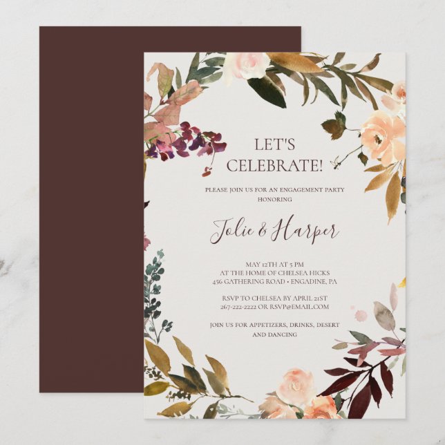 Burgundy Orange Floral | Beige Let's Celebrate Invitation (Front/Back)
