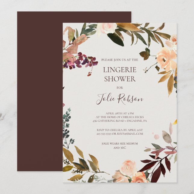 Burgundy Orange Floral | Beige Lingerie Shower Invitation (Front/Back)