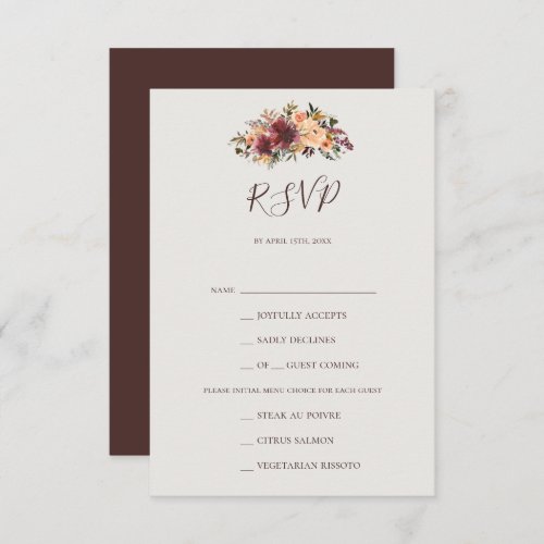 Burgundy Orange Floral Beige Menu Choice RSVP Card