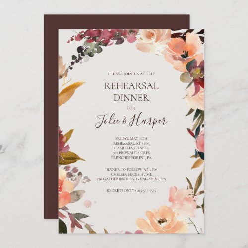 Burgundy Orange Floral  Beige Rehearsal Dinner Invitation