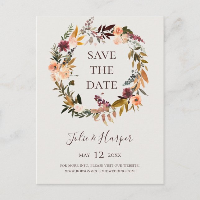 Burgundy Orange Floral Beige Save The Date Invitat Invitation Postcard (Front)