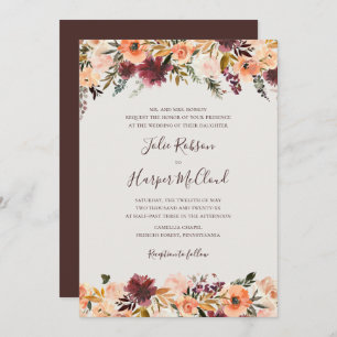 Burgundy Orange Floral   Beige Traditional Wedding Invitation