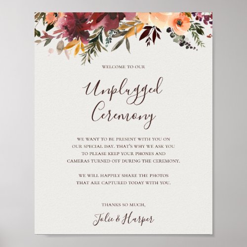 Burgundy Orange Floral  Beige Unplugged Ceremony Poster