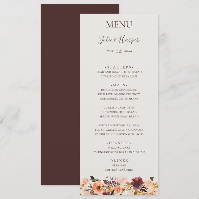 Burgundy Orange Floral | Beige Wedding Dinner Menu (Front/Back)