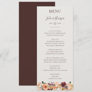 Burgundy Orange Floral   Beige Wedding Dinner Menu