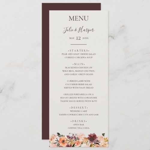 Burgundy Orange Floral  Beige Wedding Dinner Menu