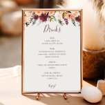 Burgundy Orange Floral Beige Wedding Drinks Menu  Poster<br><div class="desc">This burgundy orange floral beige wedding drinks menu sign is perfect for your rustic boho blush, dark green, and gold garden wedding. Design features a wreath or bouquet of minimalist watercolor peach, dusty rose, purple, and light pink florals along with copper, evergreen, yellow, and rust-colored greenery. The flowers in this...</div>