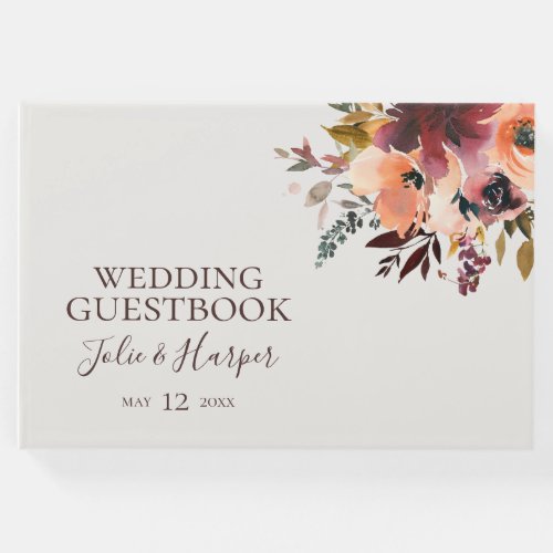 Burgundy Orange Floral  Beige Wedding Guest Book