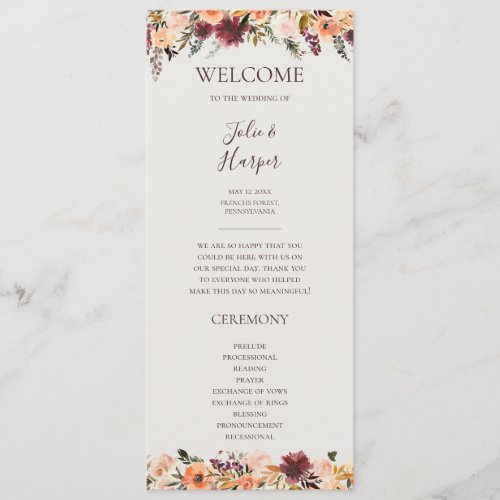 Burgundy Orange Floral  Beige Wedding Program