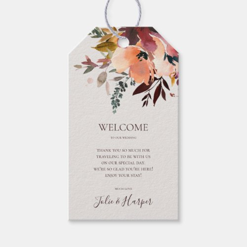 Burgundy Orange Floral  Beige Wedding Welcome Gift Tags