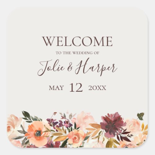 Burgundy Orange Floral  Beige Wedding Welcome Square Sticker