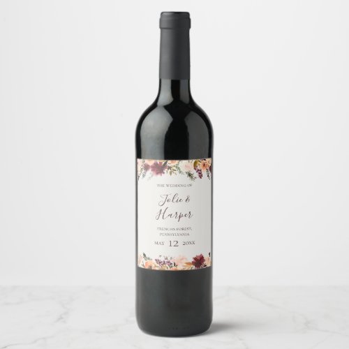 Burgundy Orange Floral  Beige Wedding Wine Label