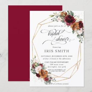 Burgundy Orange Floral Bridal Shower Geometric Invitation