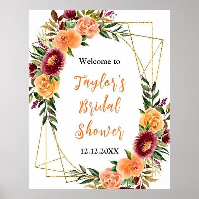 Burgundy Orange Floral Bridal Shower Welcome Sign (Front)