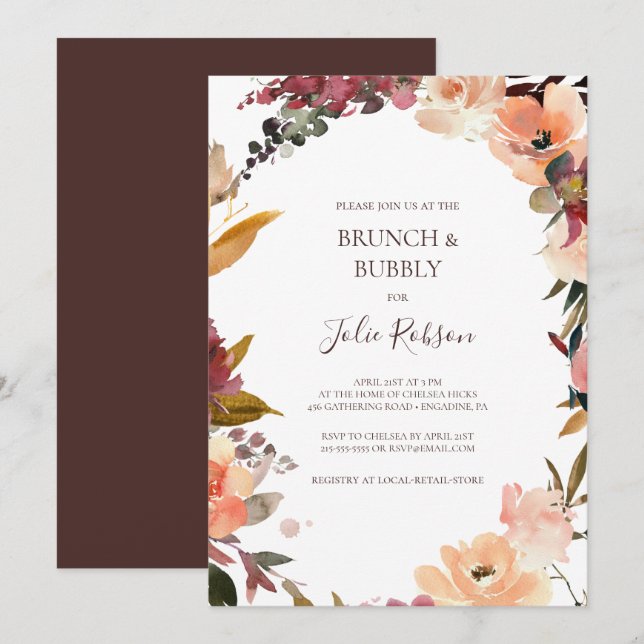Burgundy Orange Floral Brunch and Bubbly Shower Invitation (Front/Back)