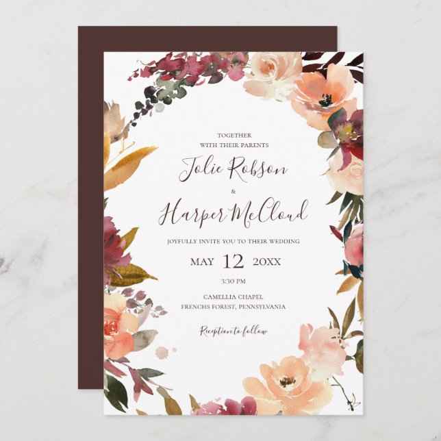 Burgundy Orange Floral Casual Wedding Invitation (Front/Back)