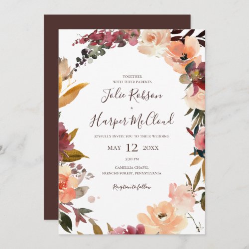 Burgundy Orange Floral Casual Wedding Invitation