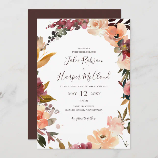 Burgundy Orange Floral Casual Wedding Invitation | Zazzle