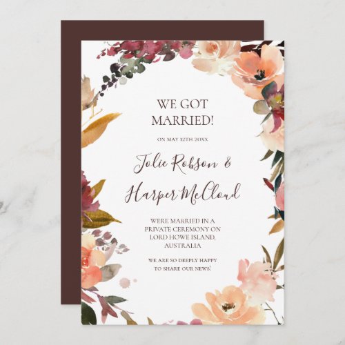 Burgundy Orange Floral Elopement Announcement