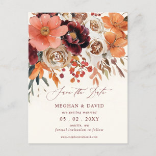Burgundy Orange Floral Fall Save the Date Announcement Postcard