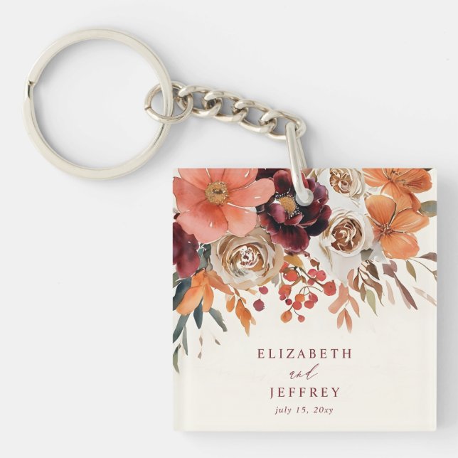 Burgundy Orange Floral Fall Wedding Keychain (Front)
