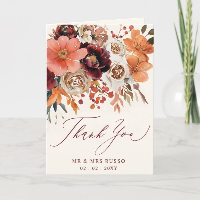 Burgundy Orange Floral Fall Wedding Photo Thank You Card (Front)