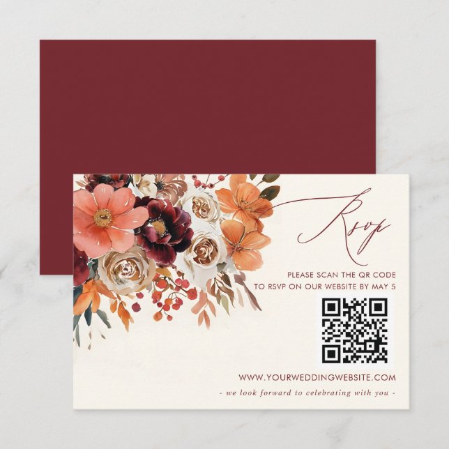 Burgundy Orange Floral Fall Wedding QR CODE RSVP Card (Front/Back)