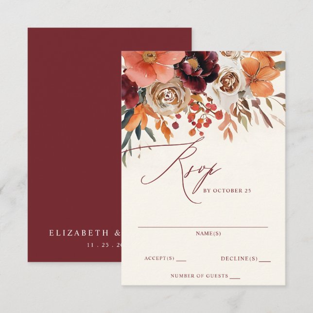 Burgundy Orange Floral Fall Wedding RSVP Card (Front/Back)