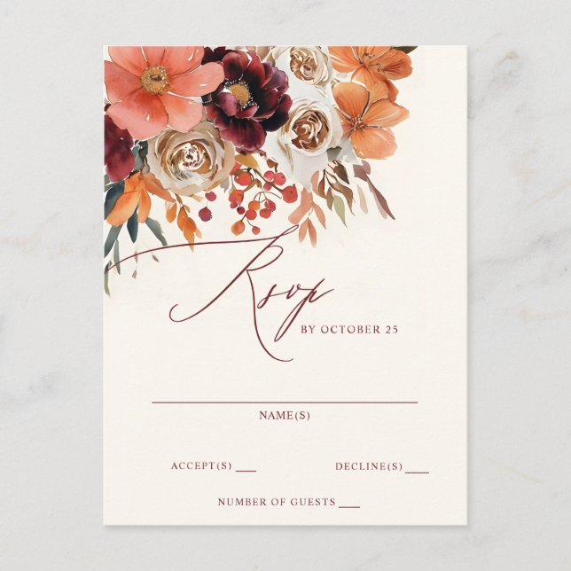 Burgundy Orange Floral Fall Wedding RSVP Postcard (Front)