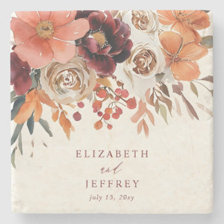 Burgundy Orange Floral Fall Wedding Stone Coaster