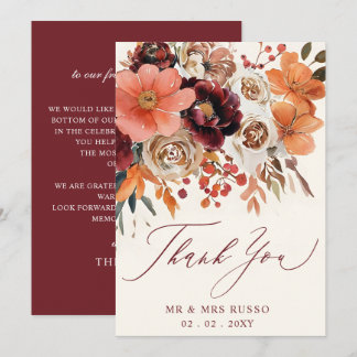 Burgundy Orange Floral Fall Wedding  Thank You Card