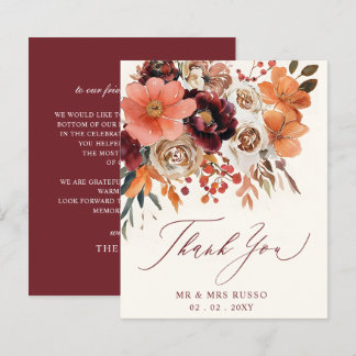 Burgundy Orange Floral Fall Wedding Thank You Card