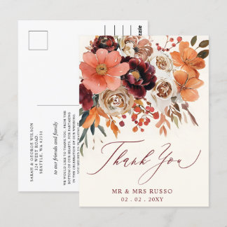 Burgundy Orange Floral Fall Wedding Thank You Postcard