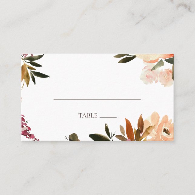 Burgundy Orange Floral Flat Wedding Place Card (Front)