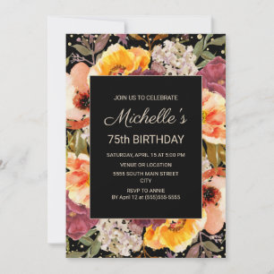 Burgundy Orange Floral Gold Black 75th Birthday Invitation