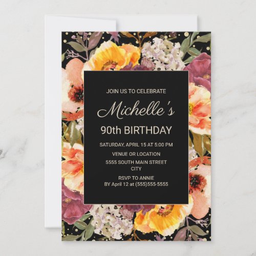 Burgundy Orange Floral Gold Black 90th Birthday Invitation