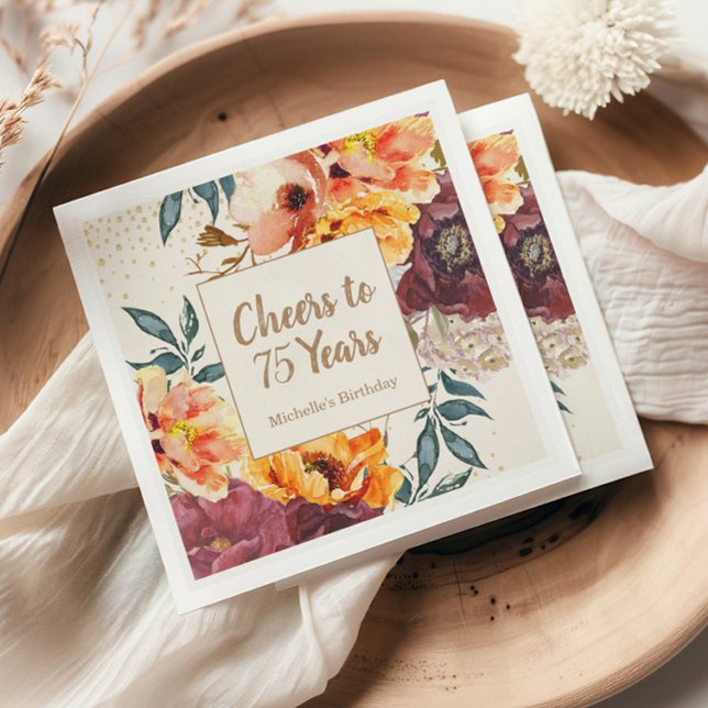 Burgundy Orange Floral Gold Cheers 75 Years Napkins (Cheers to 75 Years paper napkins)