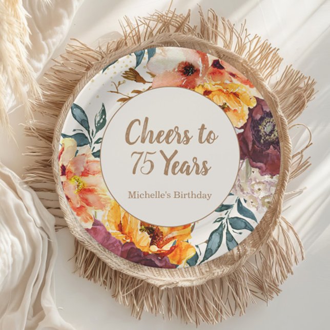 Burgundy Orange Floral Gold Cheers 75 Years Paper Plates (Orange and burgundy watercolor floral "Cheers to 75 years" paper plate)