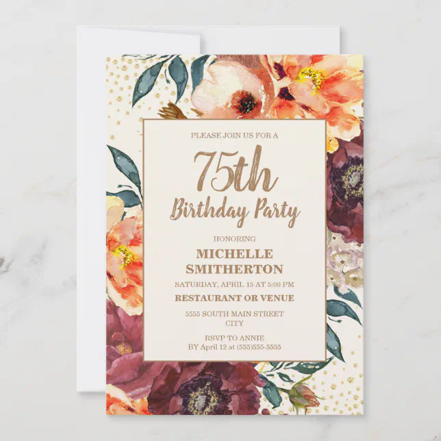 Burgundy Orange Floral Gold Glitter 75th Birthday Invitation 