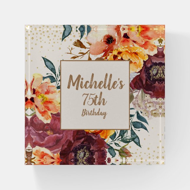 Burgundy Orange Floral Gold Glitter 75th Birthday  Paperweight (Front)