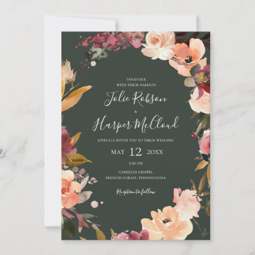 Burgundy Orange Floral  Green All In One Wedding Invitation