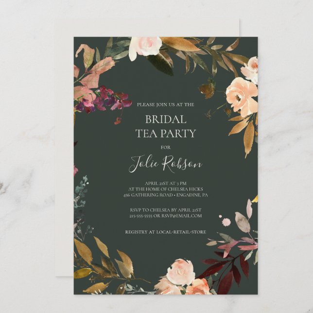 Burgundy Orange Floral | Green Bridal Tea Party Invitation (Front/Back)