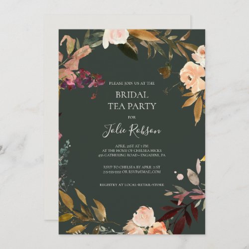 Burgundy Orange Floral  Green Bridal Tea Party Invitation