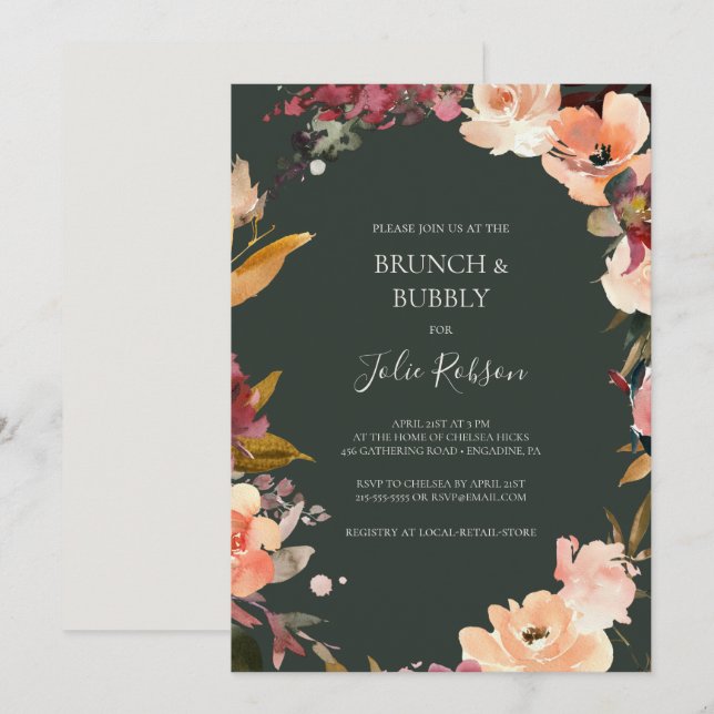 Burgundy Orange Floral | Green Brunch and Bubbly Invitation (Front/Back)